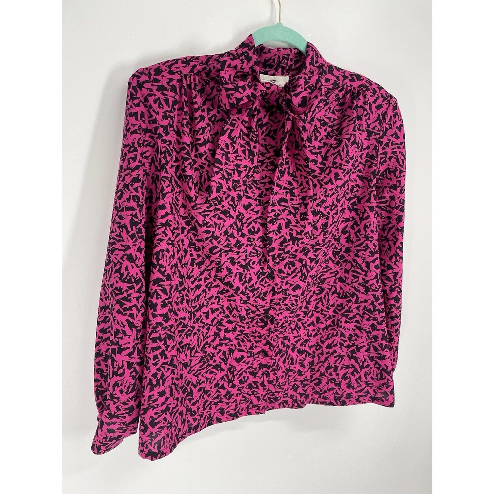 Vintage Vibrant Abstract Print Artsy Funky Bright Tie Neck Feminine Sexy Blouse - Picture 4 of 9